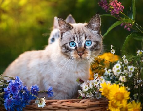 cosecha de gatos con ojos azules jugando en el jard n flores silvestres juguetes de gato