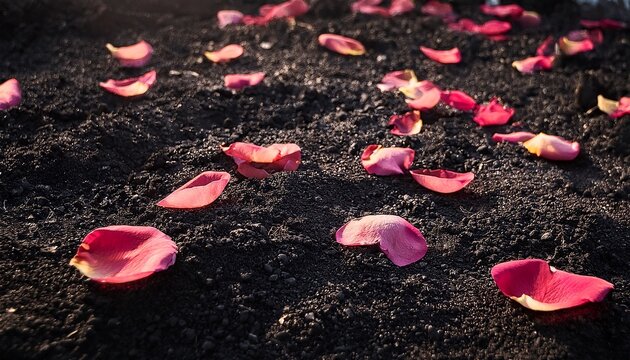 delicate rose petals scattered on blackened ground flower ash grave