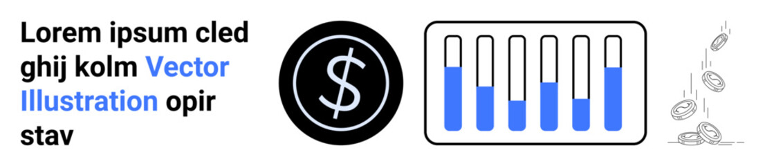 Obraz premium Dollar sign icon, bar graph with increasing blue levels, and falling coins. Ideal for finance, investment, savings, economic growth, budgeting, banking and simple landing page