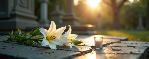 white lily and candle on a stone tombstone on the floor against the background of a cemetery