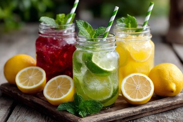 Homemade refreshing lemonade drinks with citrus fruit and mint