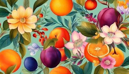 vibrant hand painted floral and fruit seamless pattern with colorful blooms and ripe oranges plums and peaches on a bright background botanical wallpaper