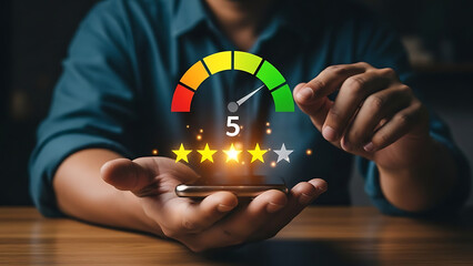 Person holding smartphone with rating stars and gauge on screen