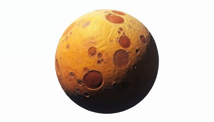 Close view of Io moon surface with craters. Jupiter volcanic moon is yellow and orange with brown spots. Space object graphic, astronomical render.