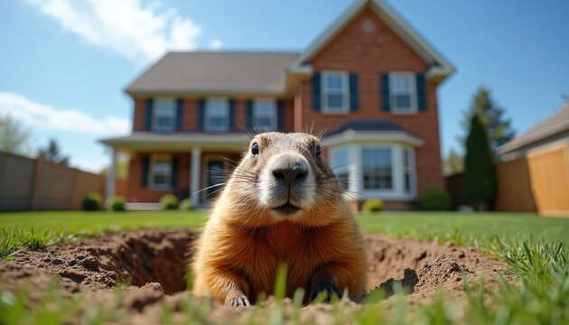 A groundhog emerges from its burrow in a green grassy yard. A large brick house sits in the background under a clear blue sky. The small rodent looks curiously towards the viewer.