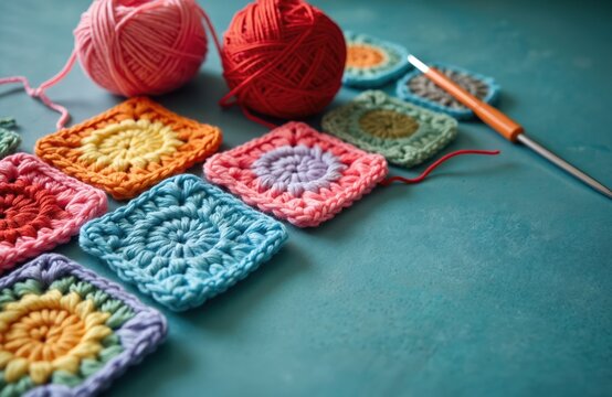 Colorful handmade granny squares are laid out with yarn balls and a crochet hook. This crafting hobby uses needle and thread to create textile art. Sewing project for warm blanket. Retro style.