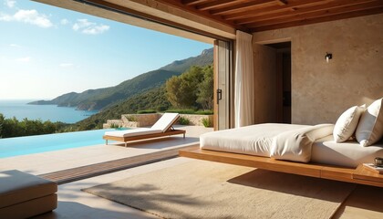 Fototapeta premium Luxurious bedroom suite opens to infinity pool and ocean vista. Modern villa offers ultimate relaxation with scenic mountain backdrop and coastal views.
