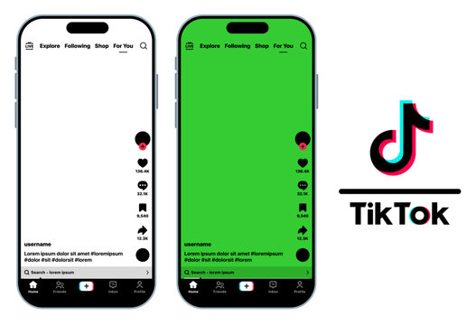 TikTok App Mobile Mockup Social Media UI Template with Smartphone Screens For You Feed Short Video Player Green Screen Interface Design