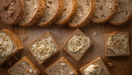 Rustic Bread and Butter Flat Lay on Wooden Board, Top View