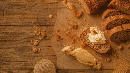 Rustic Bread and Butter Flat Lay on Wooden Board, Top View