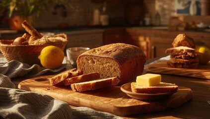 Rustic Bread and Butter in Cozy Farmhouse Kitchen with Warm Light