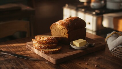 Rustic Bread and Butter in Cozy Farmhouse Kitchen with Warm Light