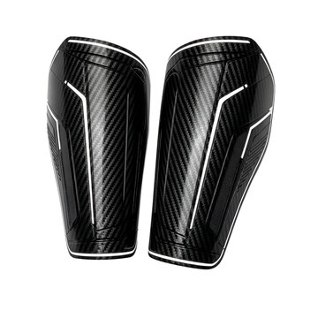 Black shin guards with white details on a transparent background