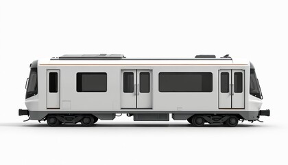 White subway train side view. Modern metro carriage on isolated white background. Public transport vehicle design, urban commuter rail system. Efficient transit journey.