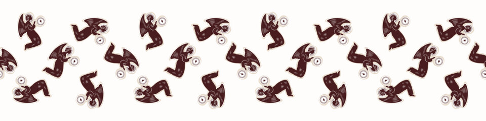 Fototapeta premium Religious nativity scene trim. Hand drawn angelic messenger for Christian Christmas vector. Lino cut Angels ribbon. 