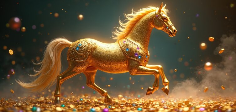 Golden horse with ornate saddle walks on piles of coins. Sparkling jewels and golden particles float around. Festive background with bokeh lights suggests celebration or prosperity.