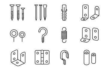 Obraz premium Pieces corner hinge hardware brackets wire plugs vector wall screws icon grid