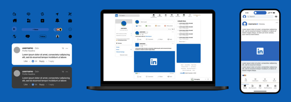 LinkedIn App Mockup Professional Social Media UI Template with Laptop and Smartphone Screens Profile Feed Post Comment Share Messaging Business Interface Design with LinkedIn Logo