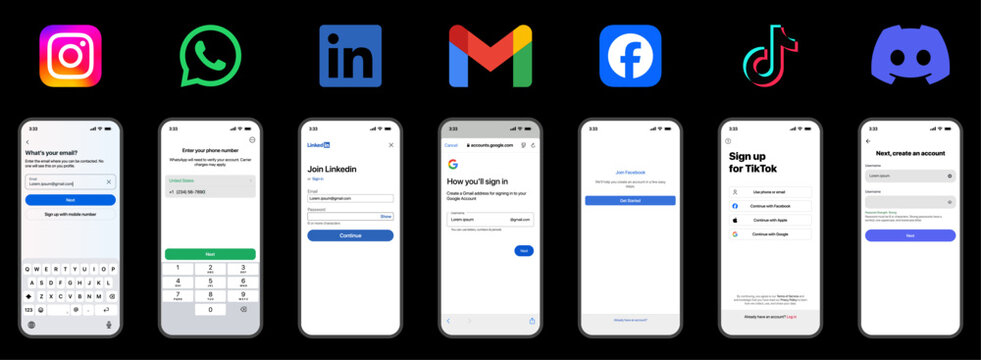 Instagram WhatsApp LinkedIn Gmail Facebook TikTok Discord App Mobile Mockup UI Template with Smartphone Screens Login Sign Up Authentication Forms Interface Design with App Logos