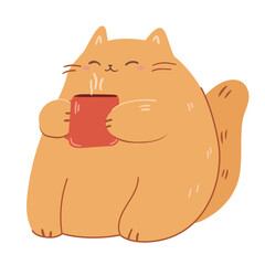 Cute chubby ginger cat vector illustration with hot mug