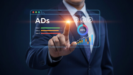 Businessman interacting with digital ads interface on screen