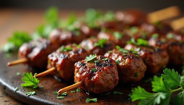 Tasty grilled lamb kofta skewers garnished with fresh parsley are ready to eat. Close up shot shows juicy meat, herbs, charcoal grill marks. Perfect for Mediterranean cuisine blog posts, summer BBQs.