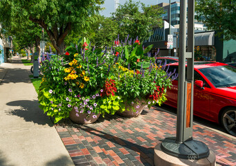 Large planters filled with beautiful flowers sit on a city street sidewalk at Cherry Creek North an upscale shopping and dining area in Denver, Colorado.