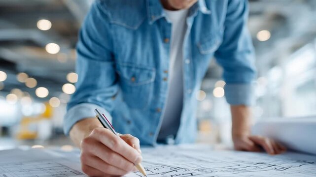 A man is writing on a piece of paper with a pen. Concept of focus and concentration as the man carefully writes. The blue jacket worn by the man adds a touch of color and personality to the scene
