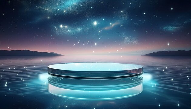 a crystal clear podium floating on a tranquil sea under a starry sky