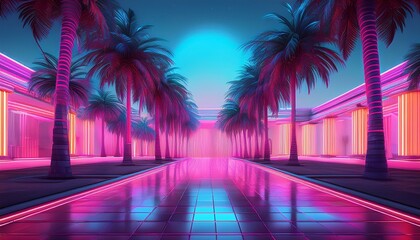retro futuristic neon lit courtyard lined with palm trees and glowing columns vibrant synthwave color palette surreal vaporwave aesthetic