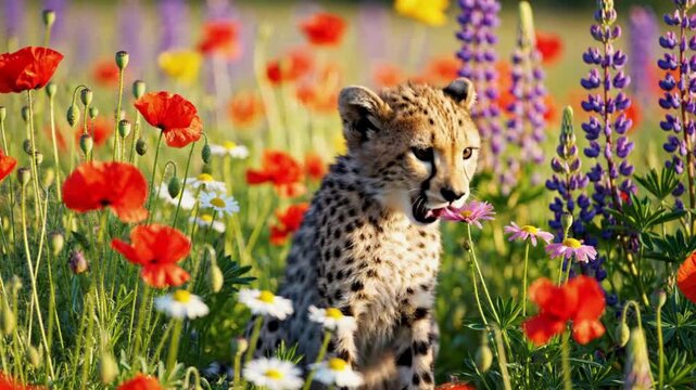 Adorable cheetah cub sitting in a vibrant field of red poppies and purple lupine flowers with