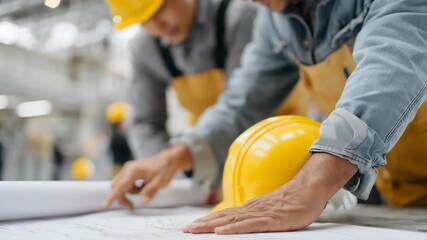 Two men are working on a project, one of them wearing a yellow helmet. Scene is focused and serious, as the men are concentrating on their work - Powered by Adobe