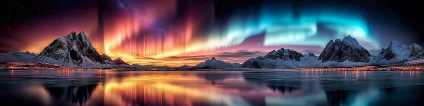 wide panoramic video of aurora borealis with its reflection on water surface 