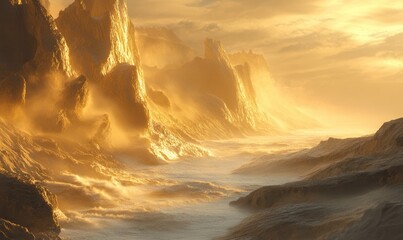 Scenic coastal cliffs with waves crashing below, soft golden light highlighting rocky textures, evoking a dramatic seafront atmosphere,