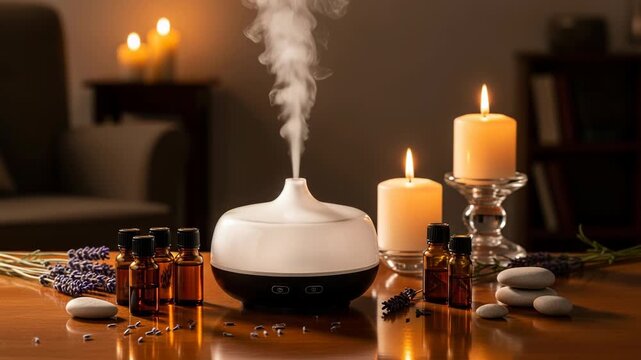 Essential oil diffuser with bottles and candles on a wooden table for relaxation and aromatherapy purposes in a peaceful environment, 4k videos