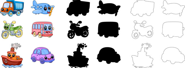 Cute cartoon transport set with color icons silhouettes and outlines for kids