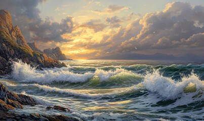 Scenic coastal view of waves gently crashing against rocky cliffs, soft golden sunset light creating a peaceful mood, clean and serene, sharp and vivid,