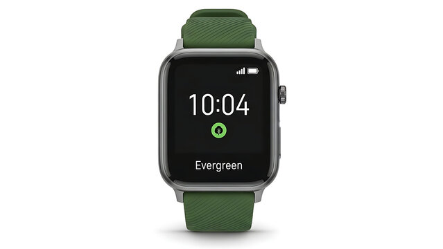 Apple Watch with Green Strap and Evergreen Face on White Background
