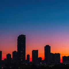 Fototapeta premium A breathtaking architectural landscape featuring numerous modern towers silhouetted against a vivid, colorful twilight sky, towering, contrast, view