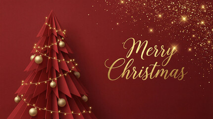 Elegant Christmas card with a tree, red background, and golden Merry Christmas text on the left