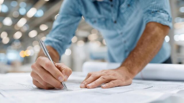 A man is writing on a piece of paper with a pen. He is wearing a blue shirt and has a serious expression on his face. Concept of focus and determination as the man writes