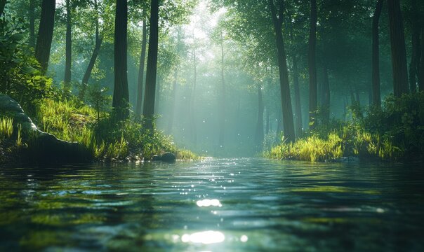 Scenic forest stream with sunlight filtering through tall trees, soft water ripples and rich green tones creating a peaceful and calming nature retreat, serene atmosphere,