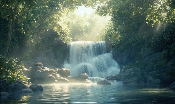 Scenic forest waterfall cascading into a clear pool, soft sunlight filtering through the canopy creating a serene and refreshing atmosphere, peaceful nature escape, - Powered by Adobe