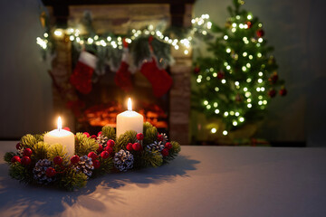 Cozy Christmas Scene. Warm holiday decor with candles, pine cones, and lights by a fireplace and tree.