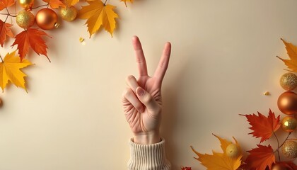 Hand displays peace sign amid autumn leaves and golden ornaments. Seasonal symbols express warmth, harmony and festive cheer for holidays. Simple gesture signifies unity and positivity.