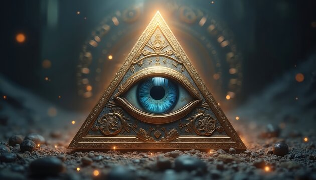 Golden triangle with blue eye symbol rests on rough ground. Intricate patterns adorn its surface. Bright light shines from above, creating mystical atmosphere. Dust particles float in air.