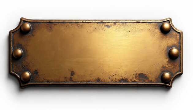 Antique brass name plate with rounded corners, rivets. Weathered metal sign perfect for business branding personalized awards. Blank surface allows for custom engraving printing, conveying prestige,