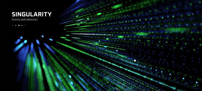 Abstract technological vector background with glowing blue and green particles forming lines. Digital data flow, singularity, and visualization of big data concept.