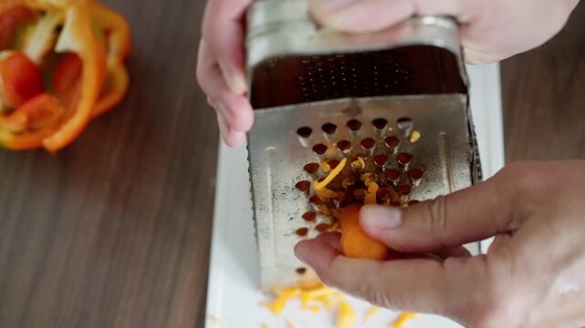 Grating Carrot Over White Board, Caucasian Hands Rub Orange Vegetable Against Box Grater Creating Fine Shreds With Bell Pepper Slices In Background, Intimate Closeup Of Garnish Prep And Texture
