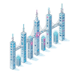 Abstract city skyline isometric illustration with modern architecture and futuristic towers connected by a bridge